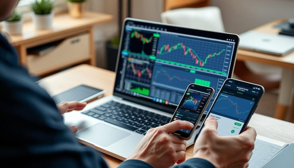 Person using online trading platform on laptop and smartphone showing stock charts and trading interface