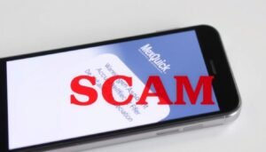 Phone displaying a suspicious SMS message claiming to be from MexQuick