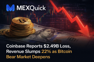 Featured image illustrating Coinbase $2.49 billion loss and 22% revenue decline during Bitcoin bear market, with stacked Bitcoin coins on US dollar bills, red downward arrow over crypto price chart, and MEXQuick logo branding.