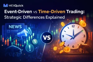 Event-Driven vs Time-Driven Trading comparison graphic by MEXQuick featuring news icons, candlestick charts, bull and bear symbols, and a clock representing strategic trading differences.