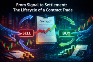 Contract trade lifecycle from signal to settlement with buy/sell buttons, market charts, contract document, and settlement visuals.