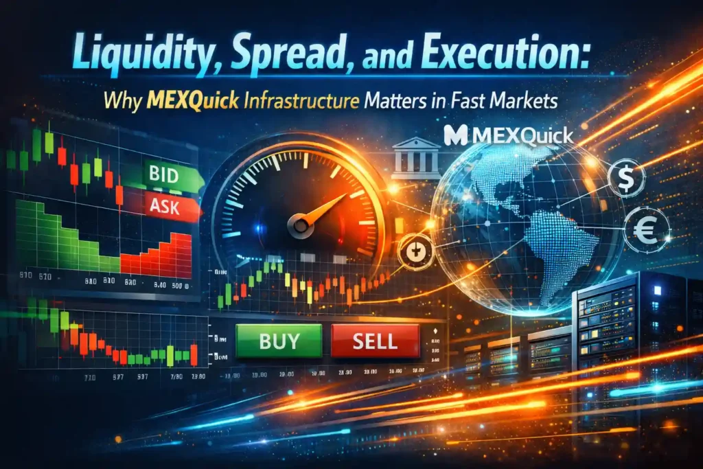 MEXQuick Infrastructure featured image showing liquidity, bid-ask spread, and fast trade execution with trading charts, order book depth, server infrastructure, and white MEXQuick logo in a high-speed digital market environment.