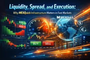 MEXQuick Infrastructure featured image showing liquidity, bid-ask spread, and fast trade execution with trading charts, order book depth, server infrastructure, and white MEXQuick logo in a high-speed digital market environment.