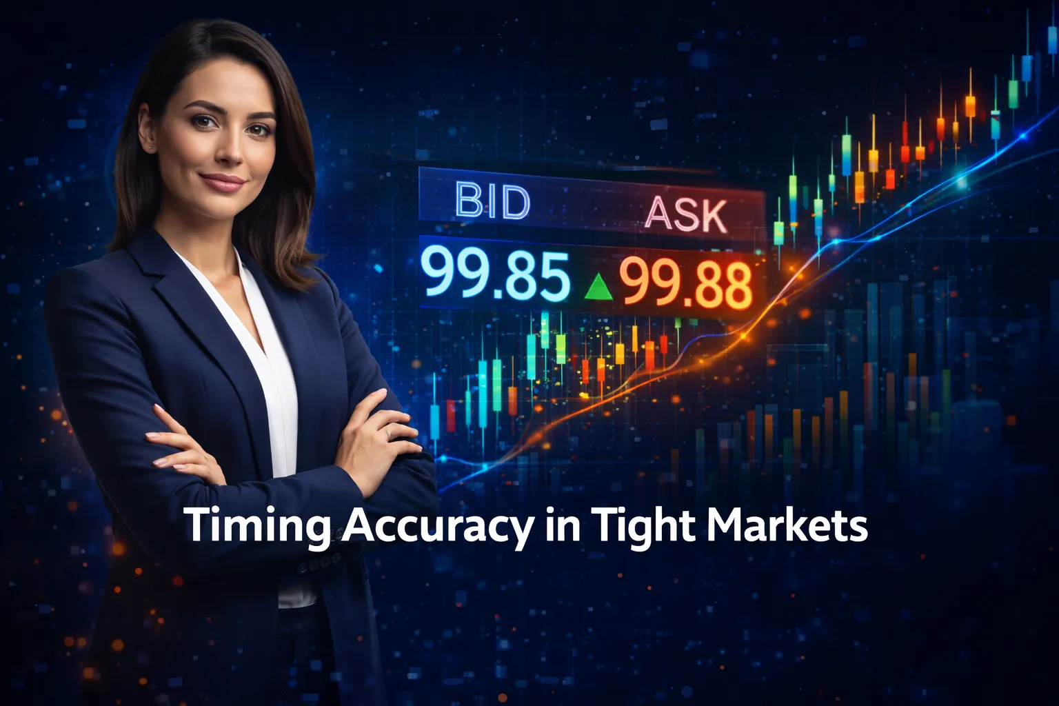 Professional businesswoman in a navy blazer standing confidently in front of a digital trading screen showing bid and ask prices with candlestick charts, representing timing accuracy in tight financial markets.