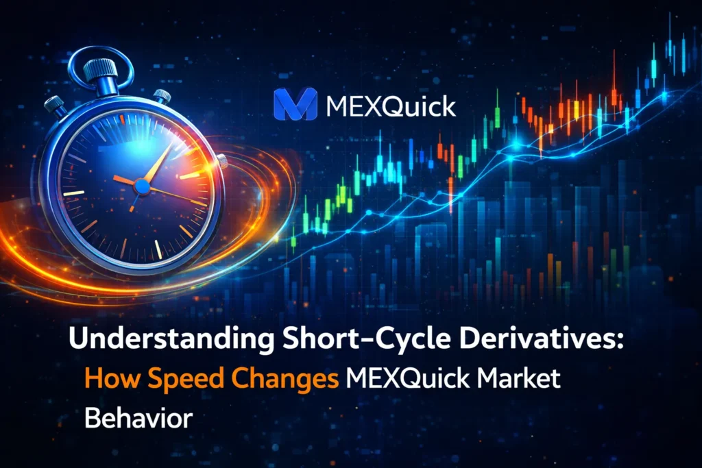 Featured image showing a stopwatch and financial candlestick chart with MEXQuick logo, symbolizing short-cycle derivatives trading and speed-driven market behavior.