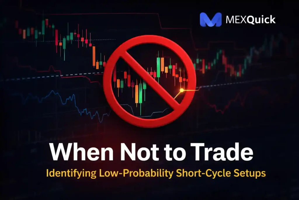 Featured image for MEXQuick article showing a volatile candlestick chart with a red “no trade” symbol overlay, representing low-probability short-cycle trading setups and disciplined risk management.