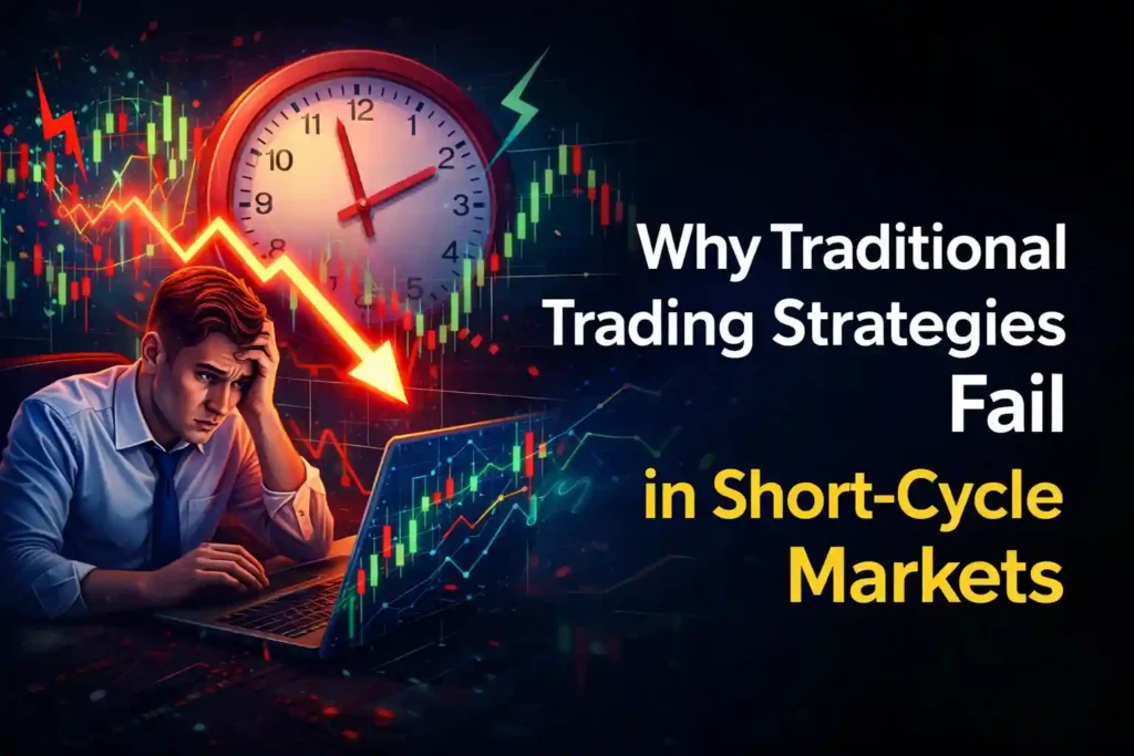 Frustrated trader analyzing falling candlestick chart on laptop with large clock and downward arrow, illustrating why traditional trading strategies fail in short-cycle volatile markets.