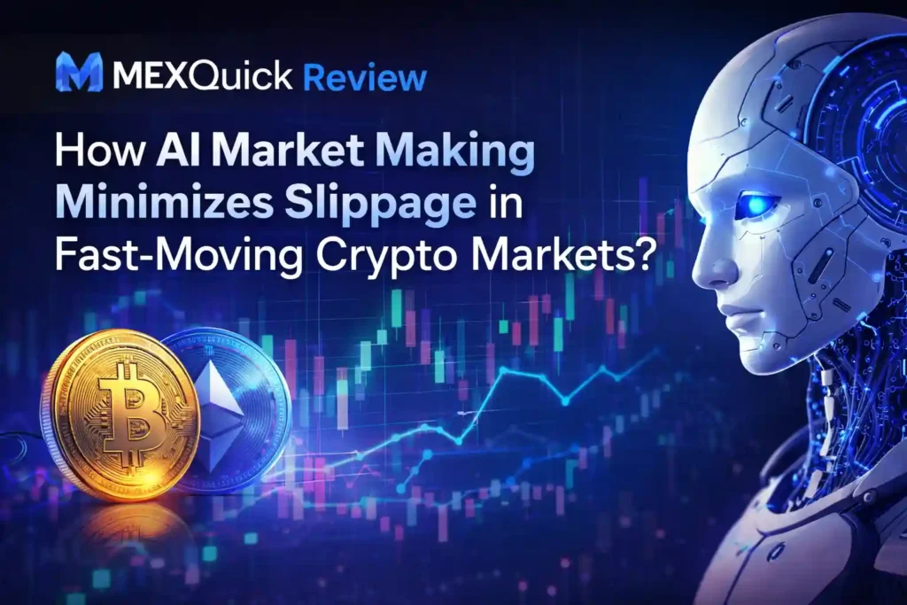 AI-powered crypto market making illustration featuring MEXQuick Review branding, a futuristic robot analyzing trading data, candlestick charts, and Bitcoin and Ethereum coins, representing minimized slippage in fast-moving cryptocurrency markets.