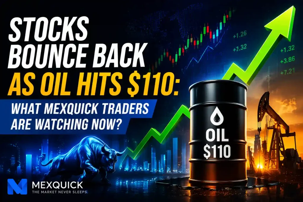 Stocks rebound sharply as oil prices hit $110, featuring a rising green market arrow, oil barrel, stock chart, and bullish financial imagery branded with MEXQuick.