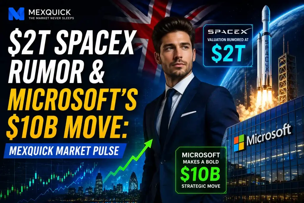 Financial news thumbnail highlighting a $2T SpaceX valuation rumor and Microsoft’s $10B move, featuring a suited UK model, SpaceX rocket launch, Microsoft building, rising stock chart, and bold MEXQuick branding.