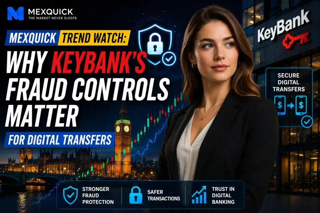 Financial news thumbnail featuring a confident female business professional, highlighting KeyBank’s fraud controls for secure digital transfers, with London skyline, stock chart, security icons, and MEXQuick branding.