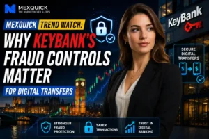 Financial news thumbnail featuring a confident female business professional, highlighting KeyBank’s fraud controls for secure digital transfers, with London skyline, stock chart, security icons, and MEXQuick branding.