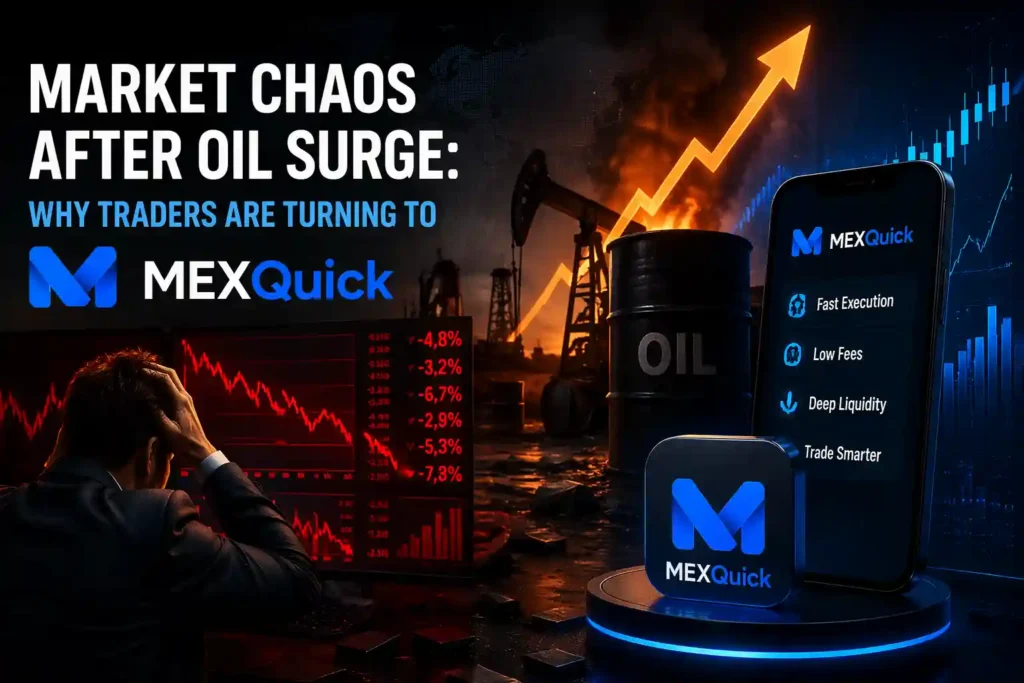 Market chaos after oil surge illustration showing falling stock charts, stressed trader, rising oil prices with pumpjacks and barrel, and MEXQuick trading app highlighting fast execution, low fees, and deep liquidity.